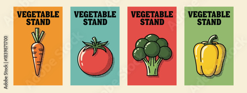 Colorful Vegetable Stand Posters Featuring Carrot, Tomato, Broccoli, and Bell Pepper Illustrations