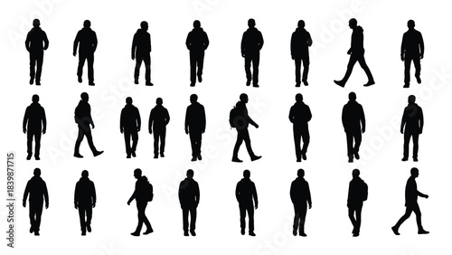 a collection of diverse human figures captured in various walking poses and stances presented as a silhouette