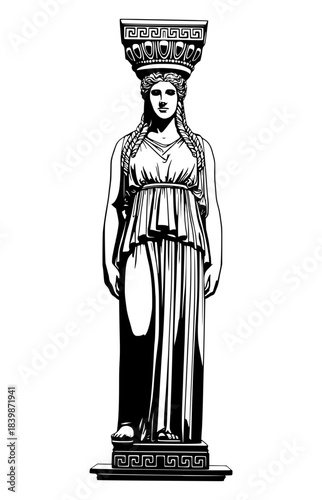 Detailed black line art of a classical Greek Caryatid statue, depicting a draped female figure used as a supporting column.