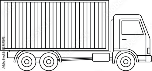 Black and white container truck illustration showcasing cargo transport vehicle outline, ideal for logistics designs, coloring pages, supply chain graphics, and industry concepts