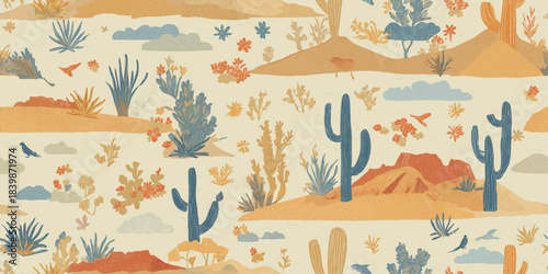 Illustrative desert landscape seamless pattern with cactus, rocks, and wildflowers for fabrics, wallpapers, and trendy southwestern branding