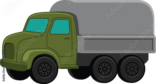 Military cargo transport truck illustration in green and gray colors, heavy duty logistics vehicle design for army supply missions and tactical operations