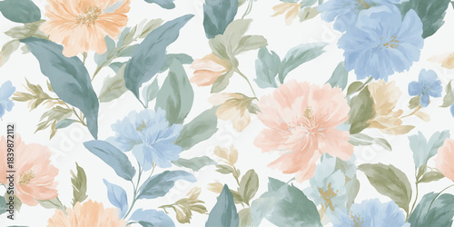 Luminous watercolor poppy and foliage seamless pattern in soft pastel colors for luxurious fabrics, stationery, and spring decor.