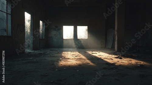 oligarchy. Urban ruin at dusk with soft light through a broken window onto a dusty floor. real-estate listings.