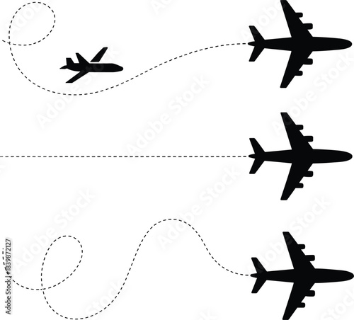 Three airplanes flying on dashed lines on a white background flight travel