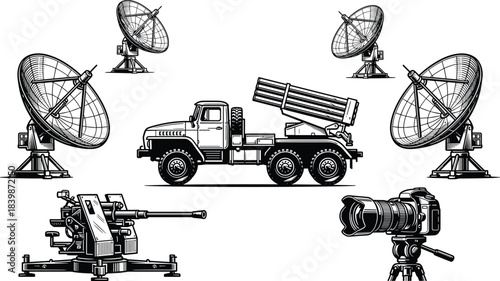 Military communication and artillery illustration featuring missile truck, satellite dishes, heavy weapon system, and professional camera equipment for surveillance, technology, and defense themes