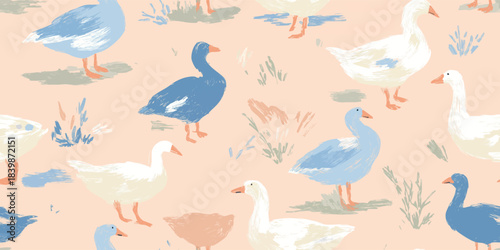Charming painted goose and brushstroke seamless pattern in light pastel tones for nursery fabrics, children's stationery, and cozy home decor