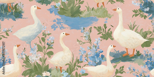 Romantic oil-painted goose and rose seamless pattern in blush and blue tones for luxurious fabrics, wedding invitations, and opulent home decor