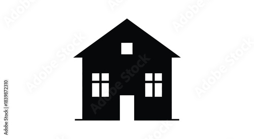 A simple black house graphic with a pointed roof and several windows a stark silhouette