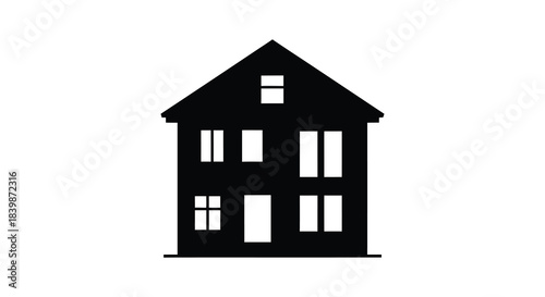 A simple black house graphic with rectangular windows and a pointed roof silhouette