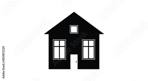 A simple black house illustration with a doorway and windows presented as a silhouette