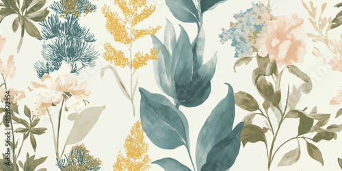 Rich watercolor botanical foliage and flower seamless pattern in dusty blue, green, and mustard for luxury fabrics, wallpapers, and elegant packaging