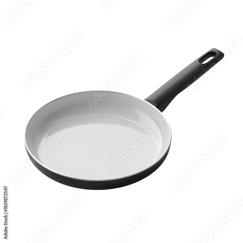 Empty white ceramic nonstick frying pan with black handle for cooking concepts