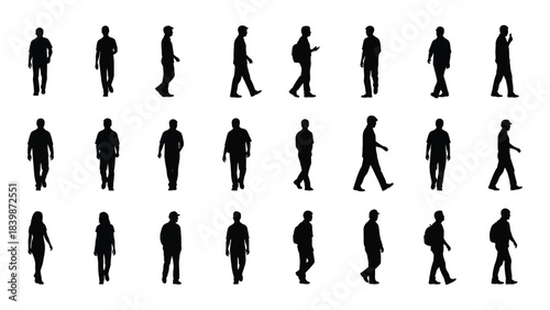 a collection of diverse human figures in various walking and standing poses presented as a dark silhouette