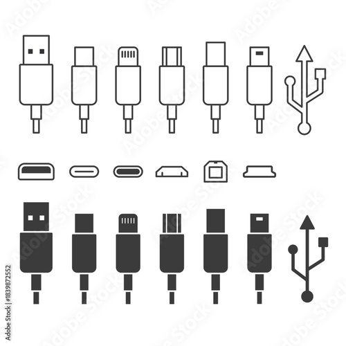 Usb types set. Charging port icon. Vector isolated illustration