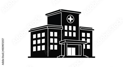 A stark depiction of a hospital building with a medical cross presented as a silhouette
