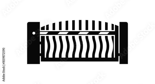 A black and white illustration of a traditional metal gate with ornate details silhouette