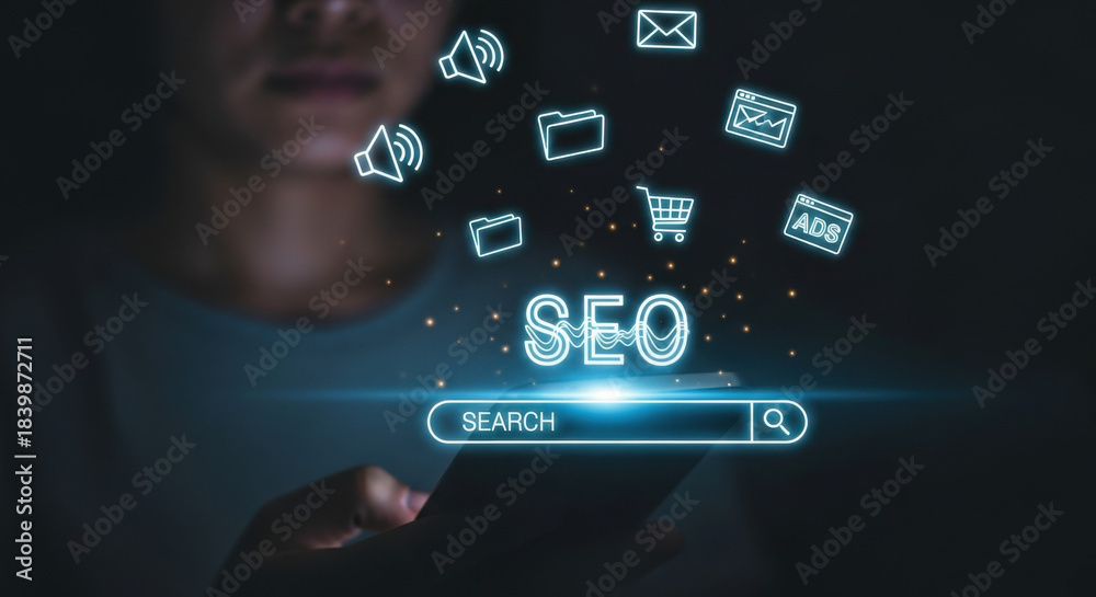 Fototapeta premium A woman uses her smartphone as glowing SEO icons float above in dark lighting, highlighting digital marketing and search engine optimization concepts.