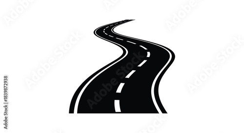 A winding road stretches into the distance depicted as a striking black silhouette