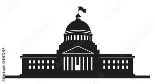 A striking black silhouette of a capitol building with a flag on top silhouette