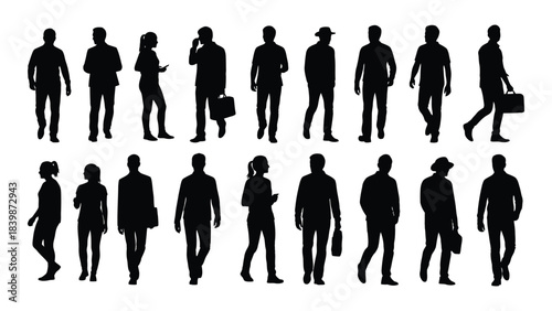 a collection of diverse people in various poses and clothing styles depicted as a black silhouette