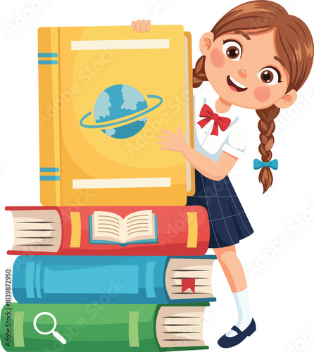 School Girl behind Stack of Books Education Poster