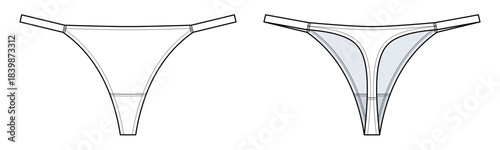 G-String Thong Panty Technical Fashion Illustration. Women’s Underwear Vector Template with Exposed Stitch Details. Front and Back Design Views. Minimal Lingerie CAD Mockup Set.