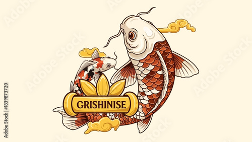 Two koi fish with clouds and a decorative banner traditional Japanese art style illustration for cul