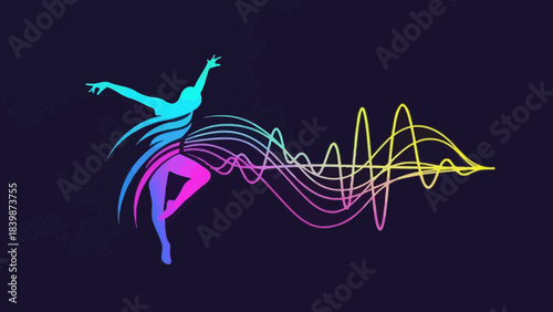Dynamic dancer silhouette with colorful sound waves representing music and movement perfect for perf