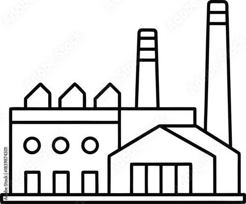 Factory building with smokestacks and windows line art vector