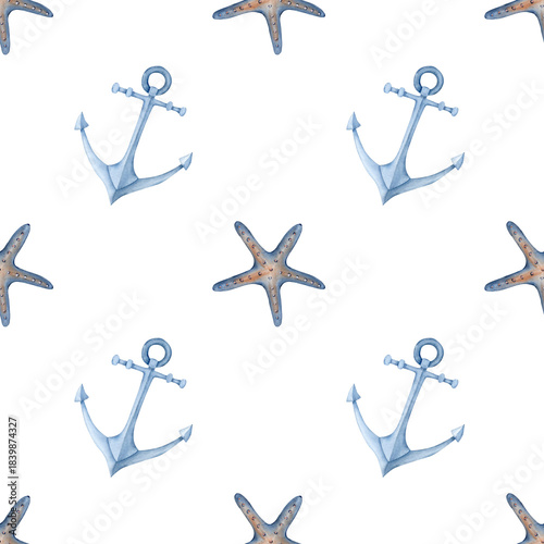 Anchors and starfish, a simple seamless pattern with small marine elements in blue tones. Watercolor illustration for fabric, wallpaper, wrapping paper, bedspreads, children's room.