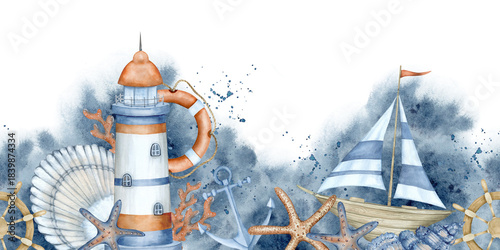Seamless horizontal sea border with a lighthouse, sailboat, seashells and starfish on a background of blue watercolor spots and splashes.