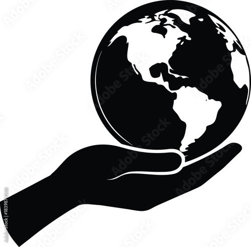 Hand holding planet Earth silhouette vector graphic