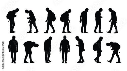 a collection of human figures in various walking poses depicting movement and activity presented as a silhouette