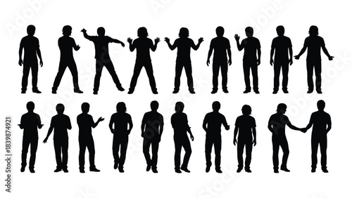 a collection of black silhouettes depicting various human poses and actions in a linear arrangement silhouette