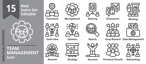 Team Management icon set. Contains leaders, groups, planning boards, task lists, goals, and communication. Editable outline vector illustration.
