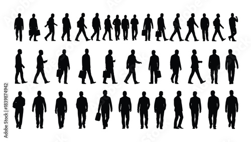 a diverse group of people depicted in various walking poses presented as a striking black silhouette