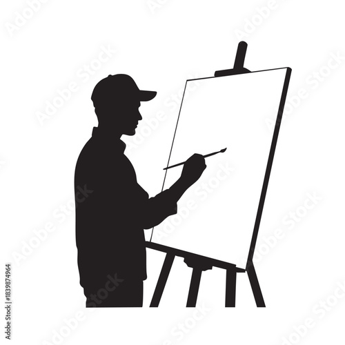 Man Painting on Easel with Cap Silhouette Black and White Vector Illustration Isolated on White Background Artist with Brush