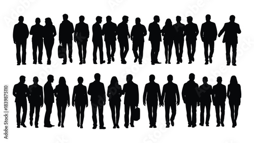 a collection of black silhouettes depicting various people walking and standing in a group a stark silhouette