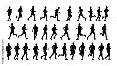 A collection of black human figures in various running poses displayed as a striking silhouette