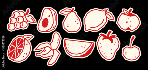 Hand Drawn Fruit Sticker Set Vector Illustration in Bold Outline Style