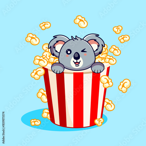 Cute Koala inside Popcorn Bucket Vector Illustration Cartoon Design Kawaii