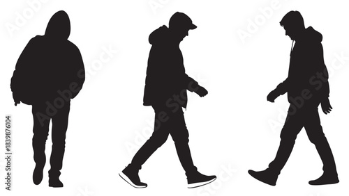 Vector silhouettes of women dancing, walking, and in black illustration with men, boys, children, and a couple showing family love and evolution