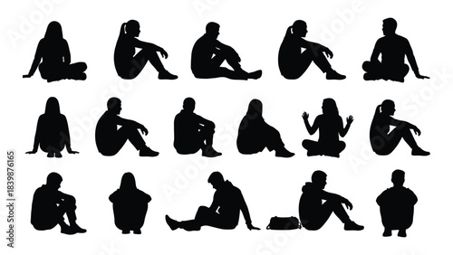 a collection of diverse human figures in various seated and squatting poses depicted as a striking silhouette