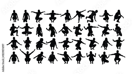 a collection of diverse human figures in various dynamic poses presented as a striking black silhouette