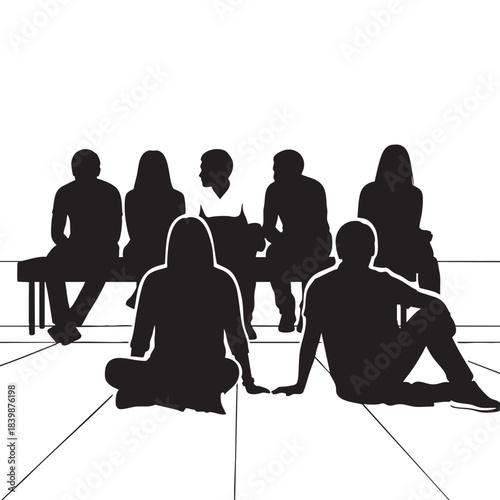 Silhouettes of people in a cafe, office, or restaurant: black vector illustration of business group, couple, men, and women sitting at tables and chairs