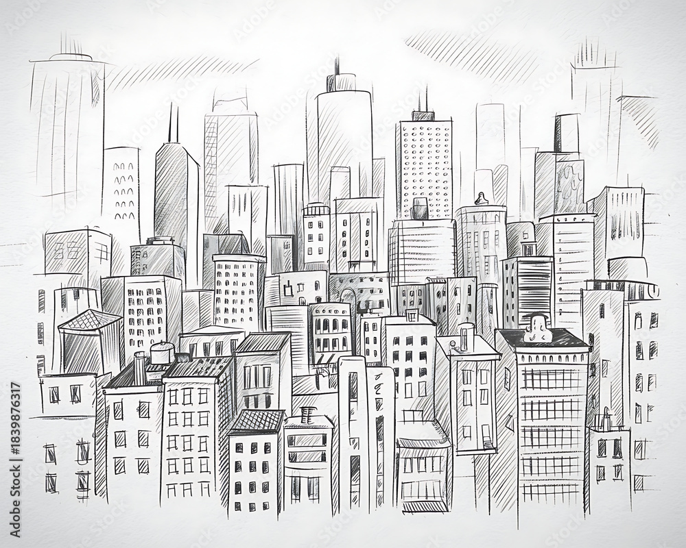 Fototapeta premium Hand Drawn Sketch of a Dense City Skyline with Tall Buildings and Varying Architecture drawing