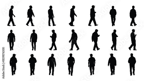 a collection of diverse black silhouettes depicting people walking in various poses and attire a visual representation of movement silhouette