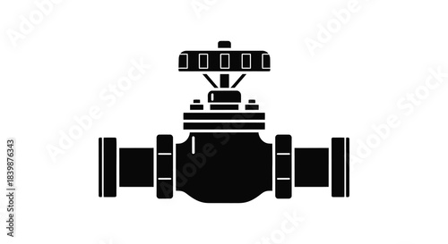 A stark black industrial valve design with a prominent handle and circular components silhouette