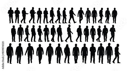 a collection of black silhouettes depicting people in various walking and standing poses creating a dynamic visual arrangement silhouette